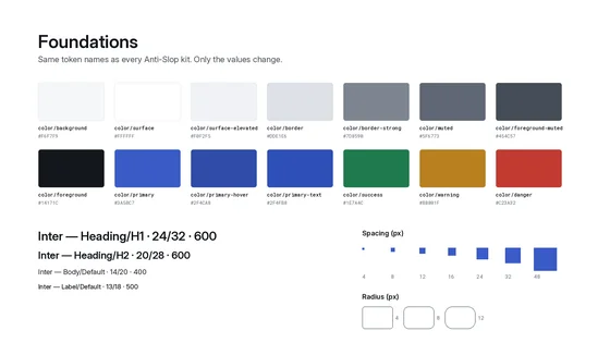 Anti-Slop Kit: Neutral foundations — colour tokens, Inter type styles, spacing and radius