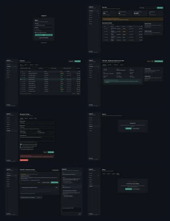 Eight Anti-Slop screen layouts from the Figma kit